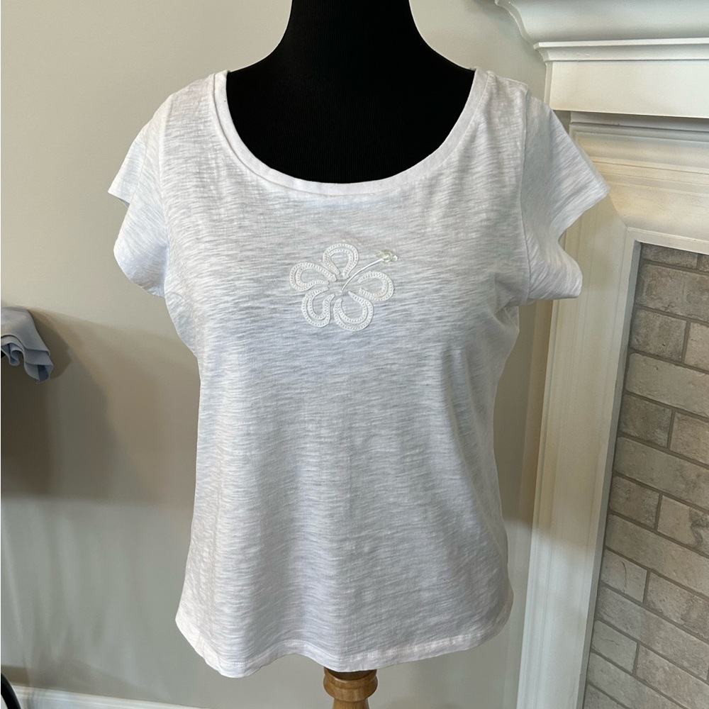 White T-shirt with Embroidered Flower